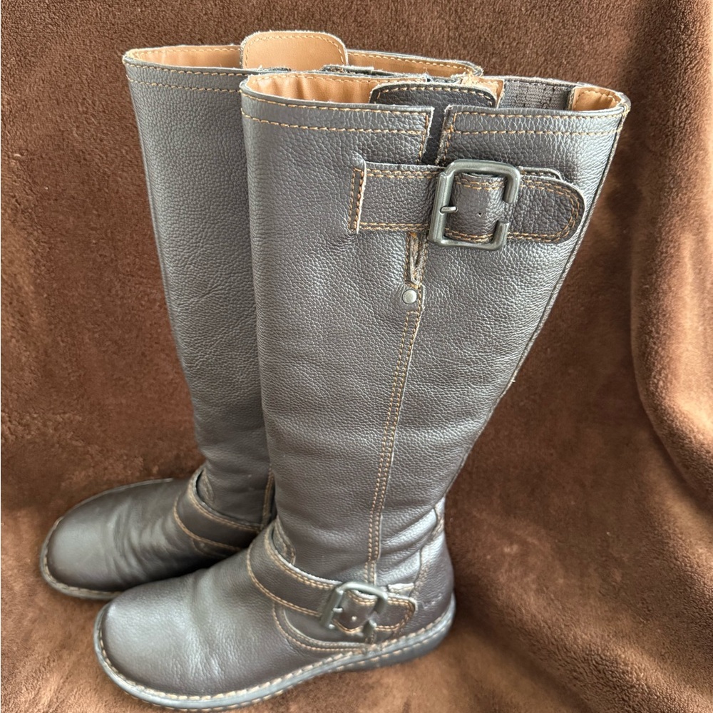 Brown Leather Knee-High BOC Buckle Boots